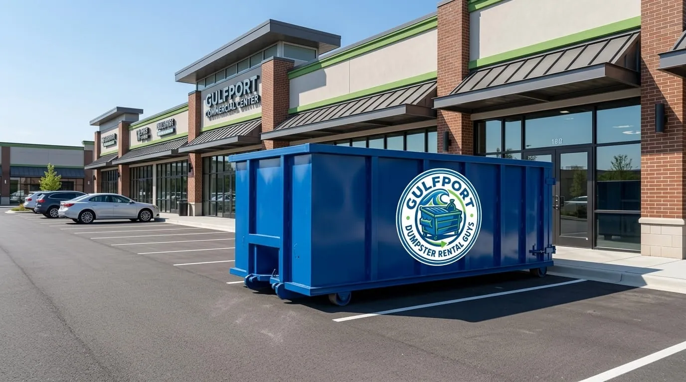 Commercial dumpster rental in Gulfport, MS Commercial roll-off dumpster in a Gulfport MS business parking lot