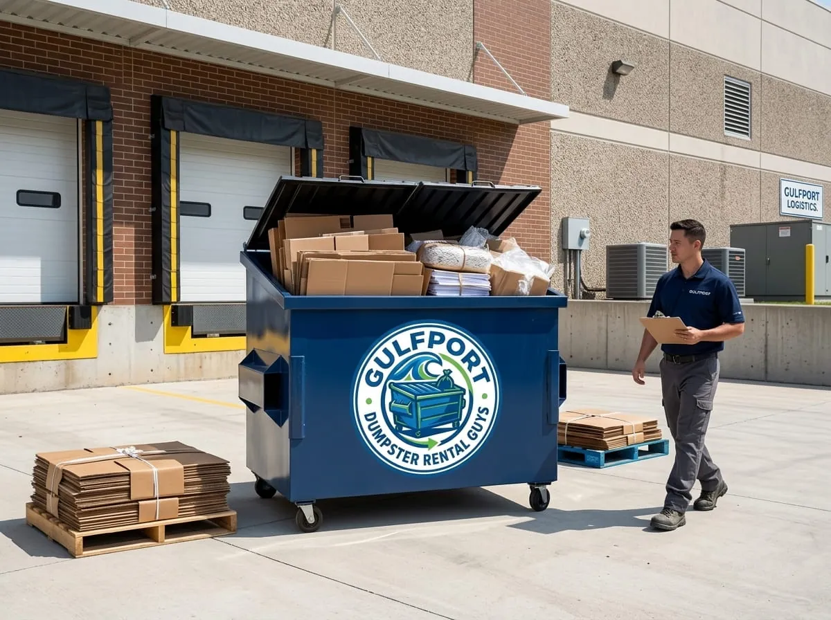Worker beside a commercial roll-off dumpster from Gulfport Dumpster Rental Guys in Gulfport, MS