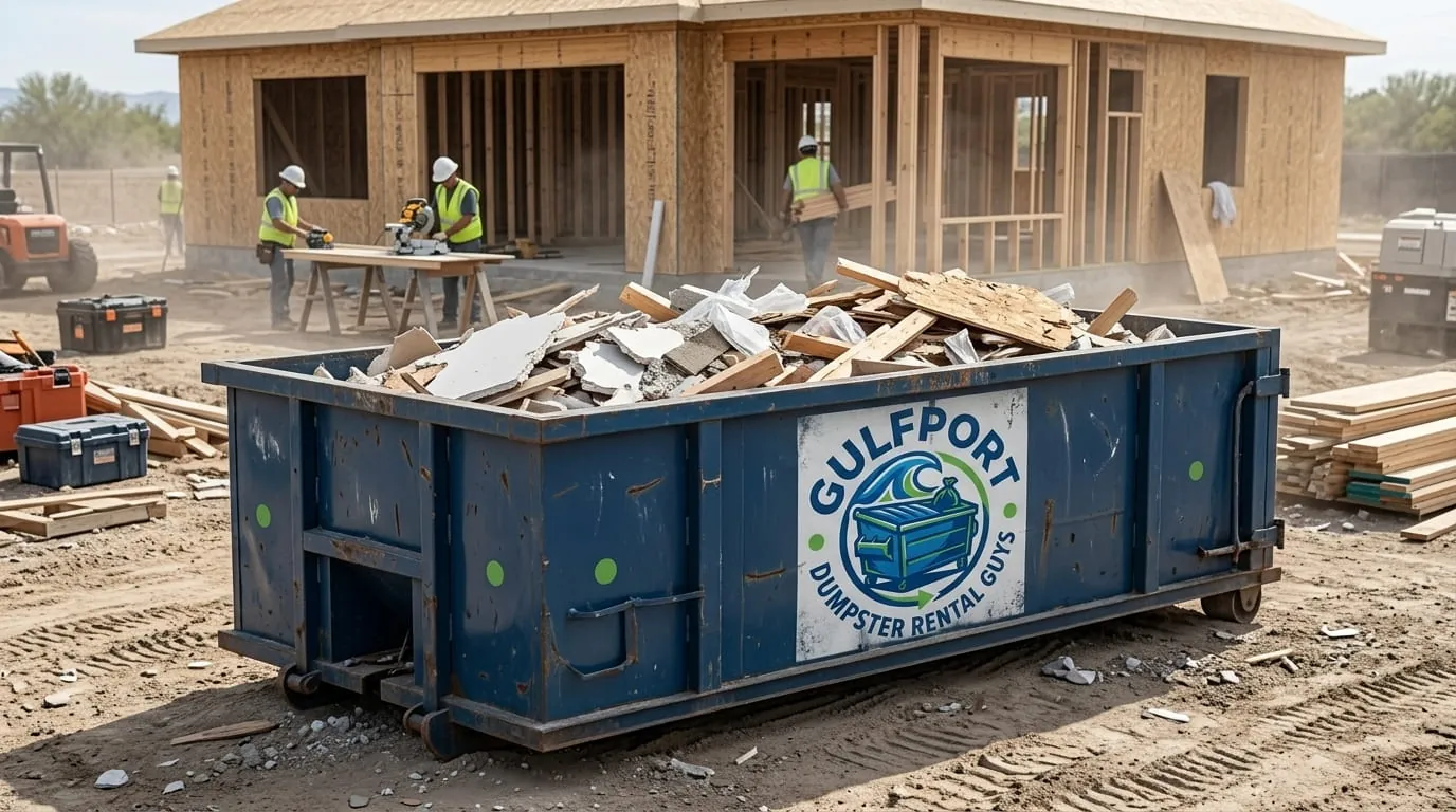 Dumpster rental in Wiggins, MS Roll-off dumpster rental delivered to a Wiggins, MS property by Gulfport Dumpster Rental Guys