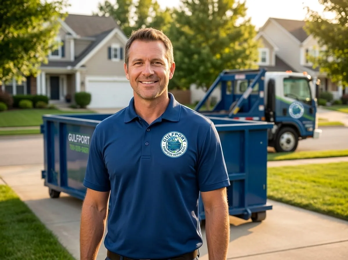 Gulfport Dumpster Rental Guys team member beside a roll-off dumpster in Gulfport, MS