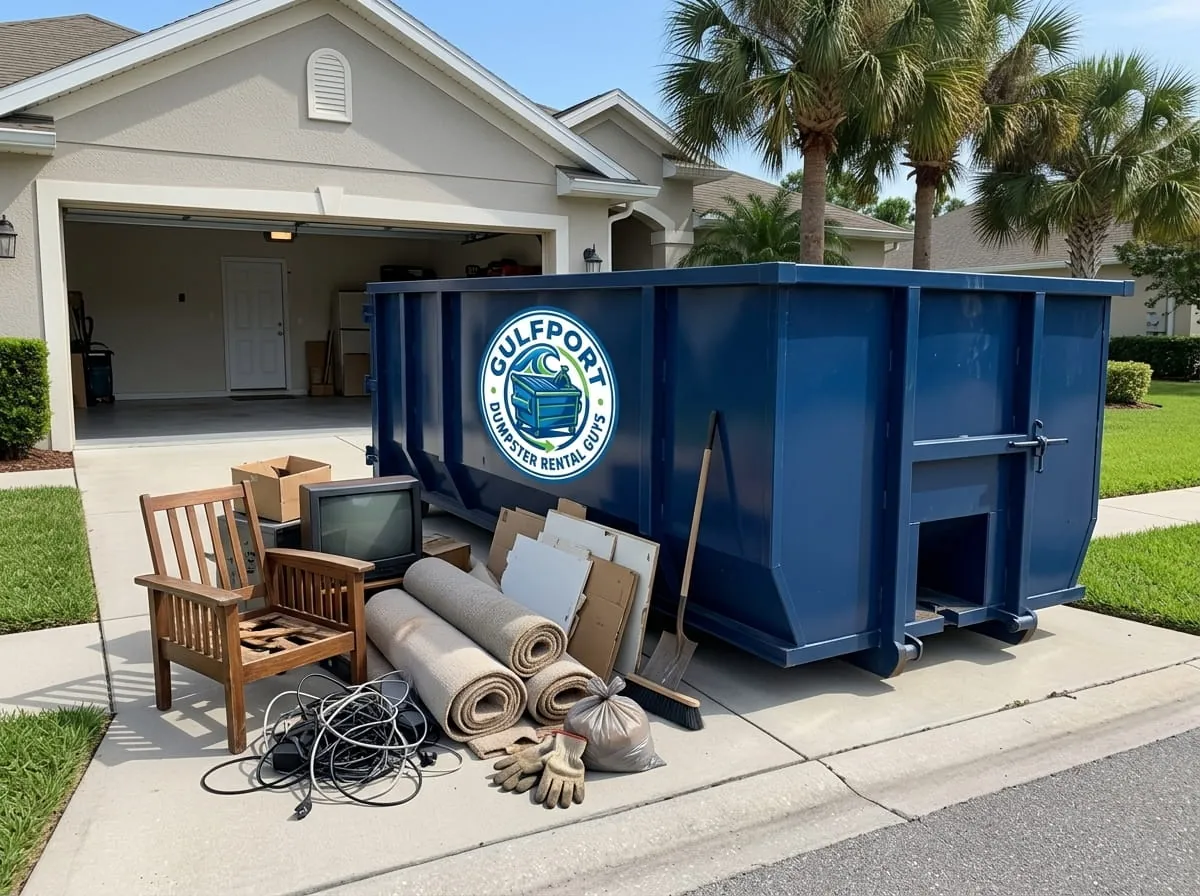 Homeowner clearing junk into a dumpster during a Gulfport MS cleanout