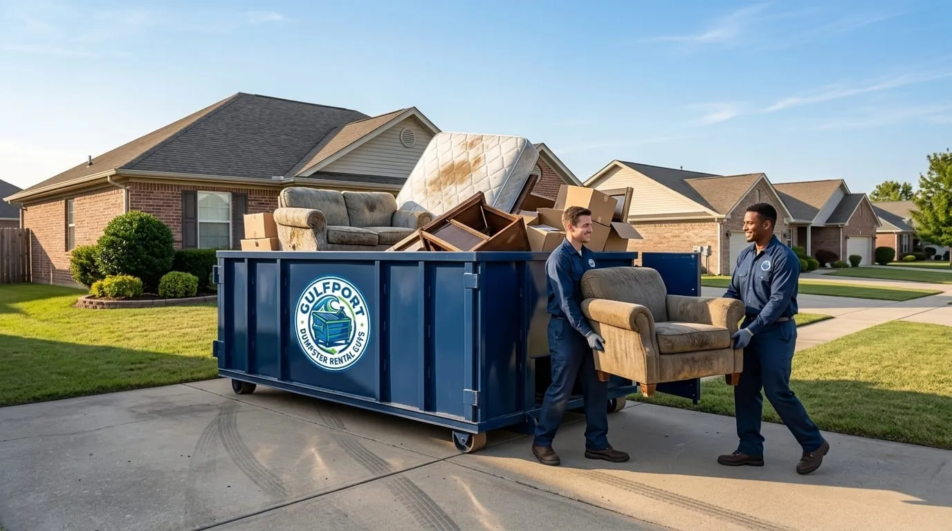 Junk removal in Gulfport, MS Workers loading furniture and junk into a dumpster in Gulfport, MS
